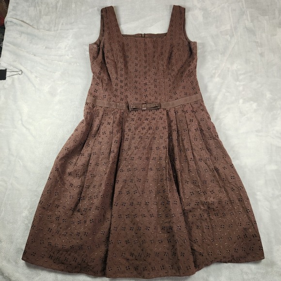 Talbots Dresses & Skirts - Talbots Brown Eyelet Embroidered Midi Dress Size 10 Classic Cottagecore Peasant